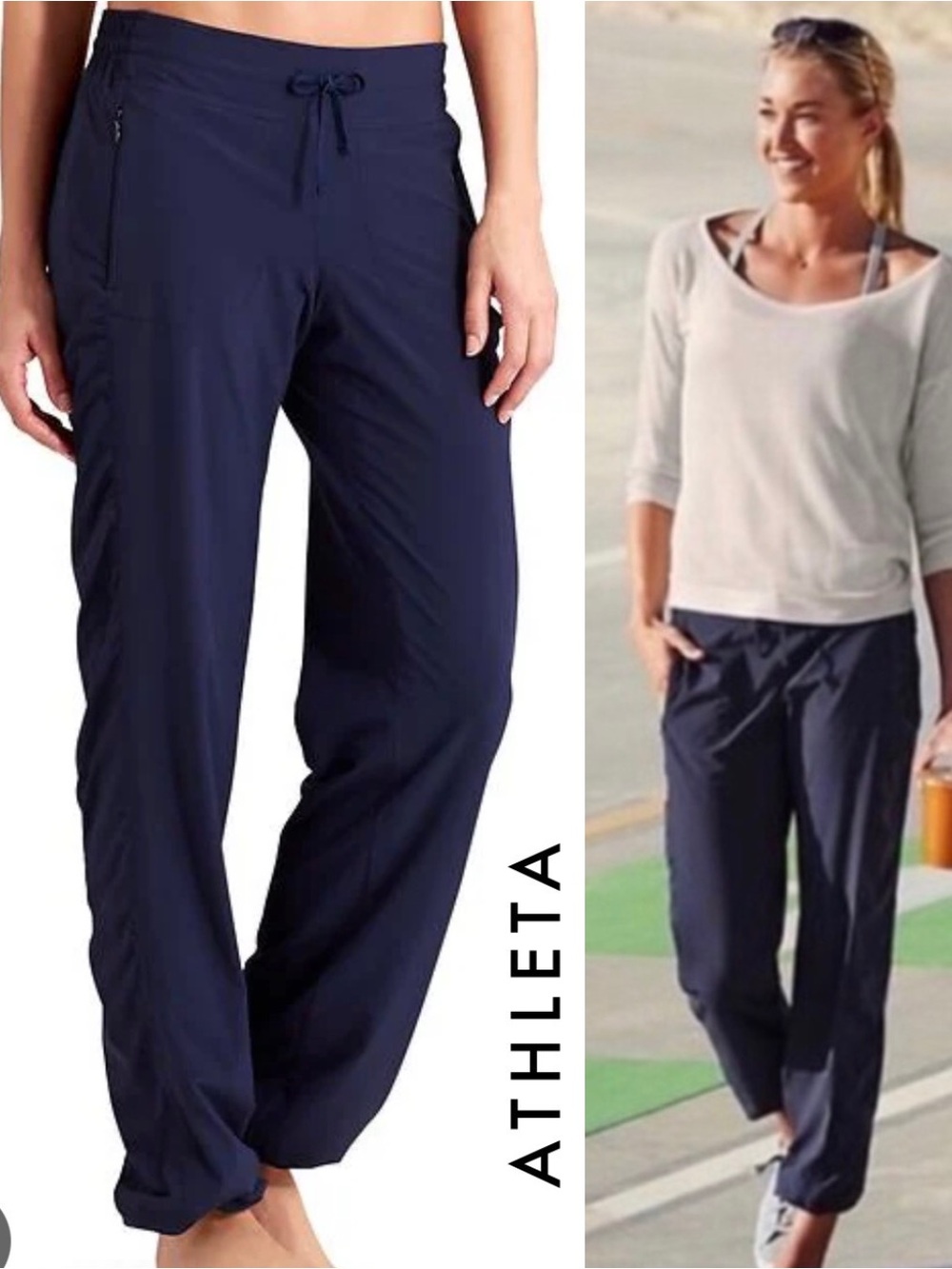 Athleta La Viva Ruched Drawstring Cargo Athleisure Joggers Pant Navy Size 12